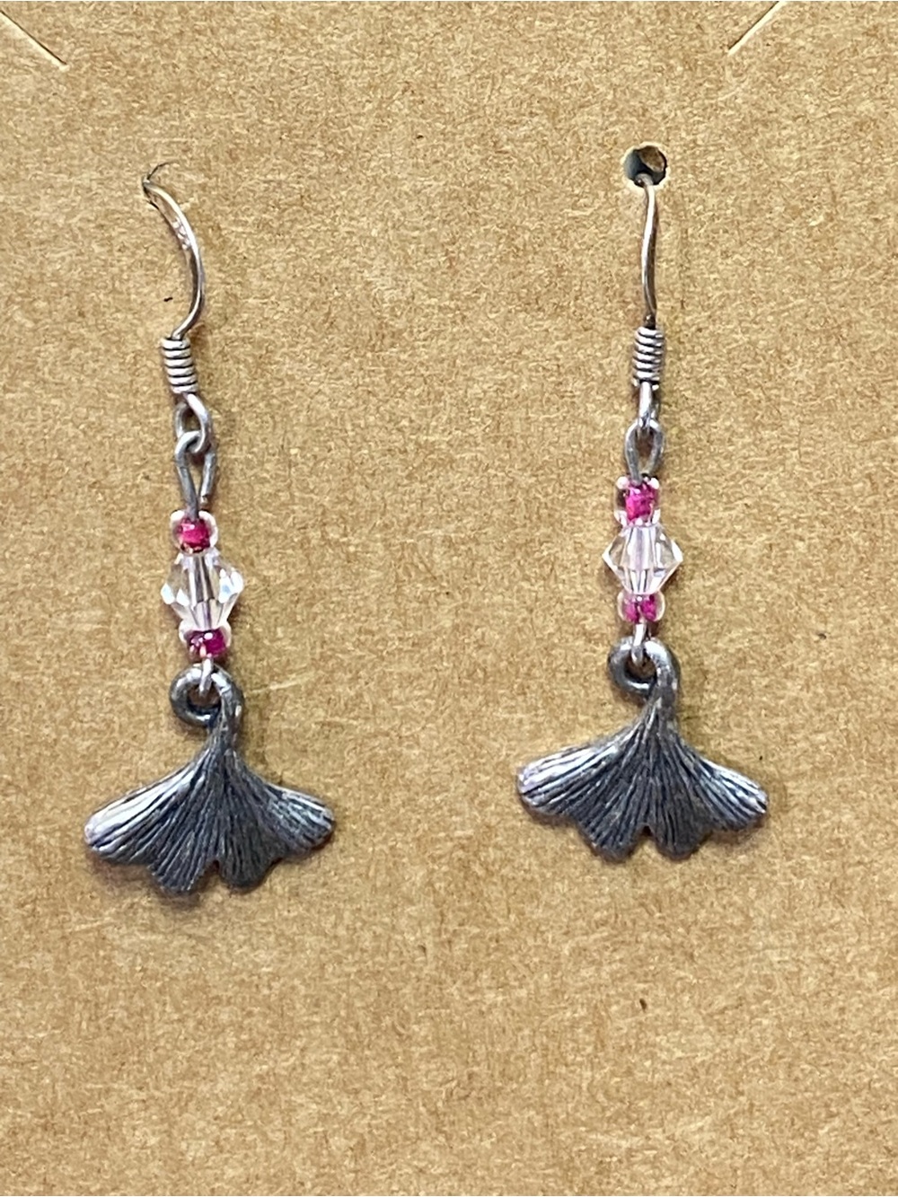 Vintage 925 Sterling Silver Ginkgo Leaf Drop Earrings with Pink Crystal Accents